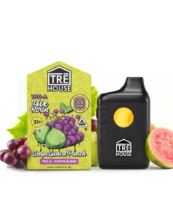 Buy Grape Guava Punch Live Rosin THC-A Vape Pen 3.5g. Sativa-leaning vape with bold grape and guava flavor.